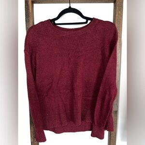LOFT Burgundy Crew Neck Sweater with Ribbed Detailing